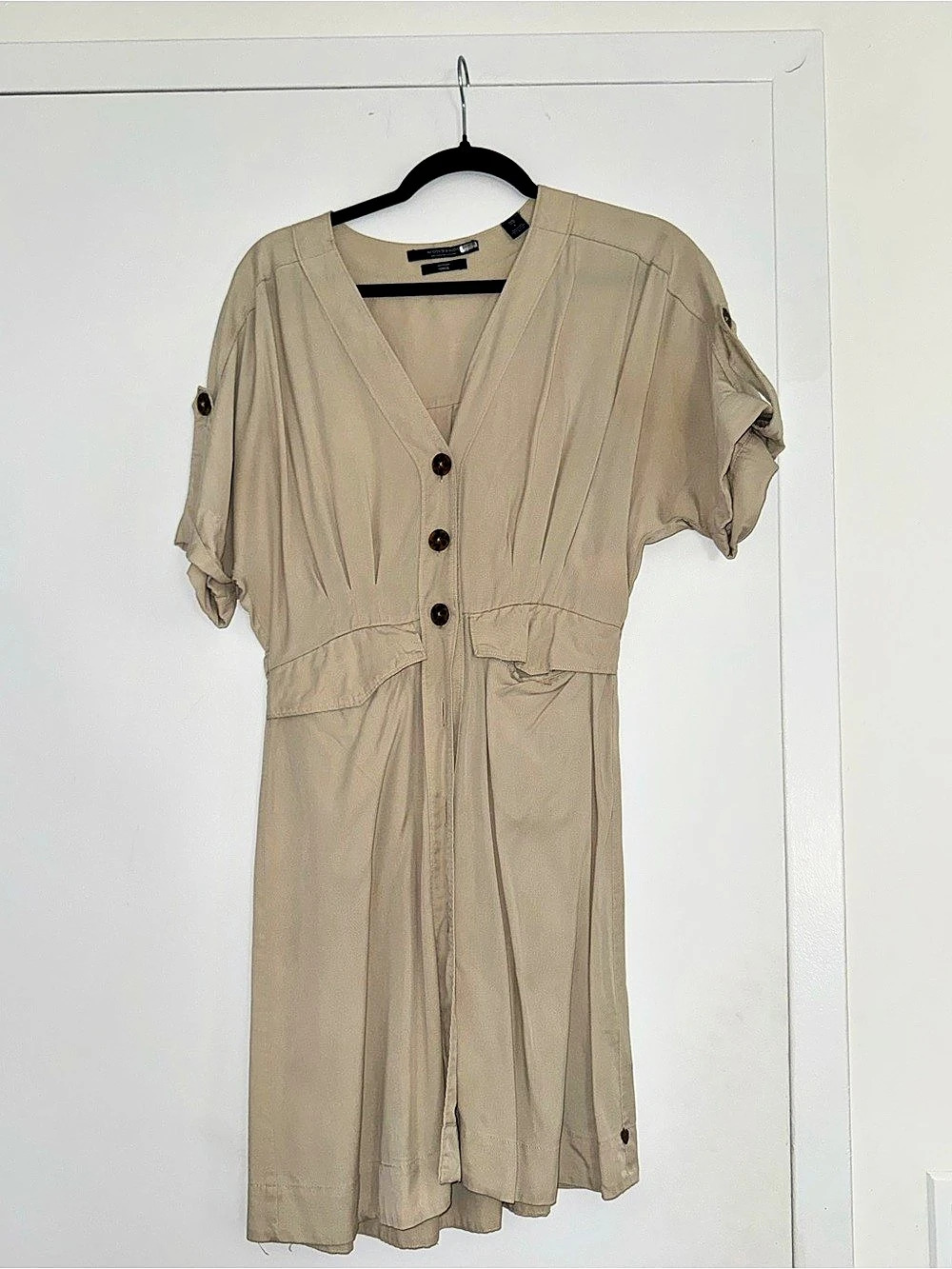 Scotch & Soda Tan Drapey Safari V-Neck Button-Down Shirt Dress Mini Dress